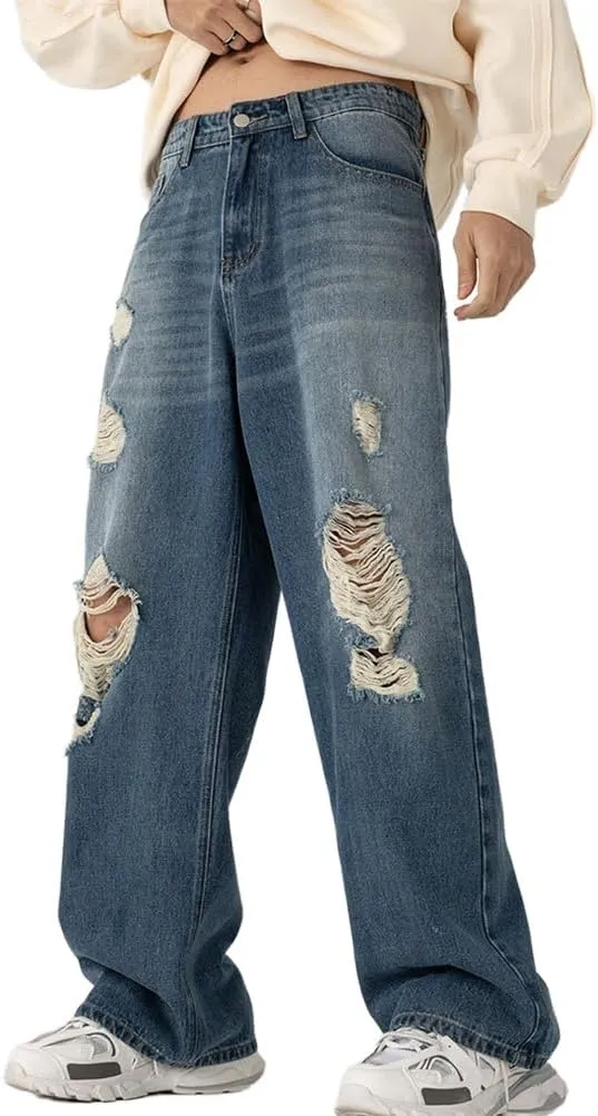 Kinghua Mens Baggy Jeans Casual Loose Fit Wide Leg Hip Hop Skater Y2k Denim Pants