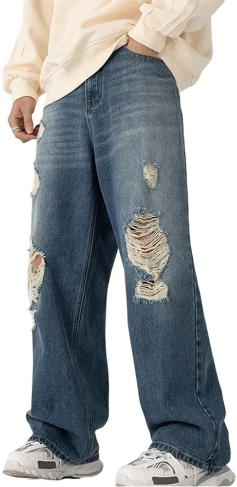 Kinghua Mens Baggy Jeans Casual Loose Fit Wide Leg Hip Hop Skater Y2k Denim Pants