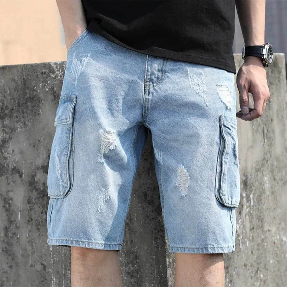 Kinghua Mens Jean Cargo Shorts Loose Fit Knee Length Denim Shorts