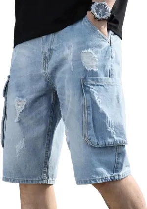 Kinghua Mens Jean Cargo Shorts Loose Fit Knee Length Denim Shorts
