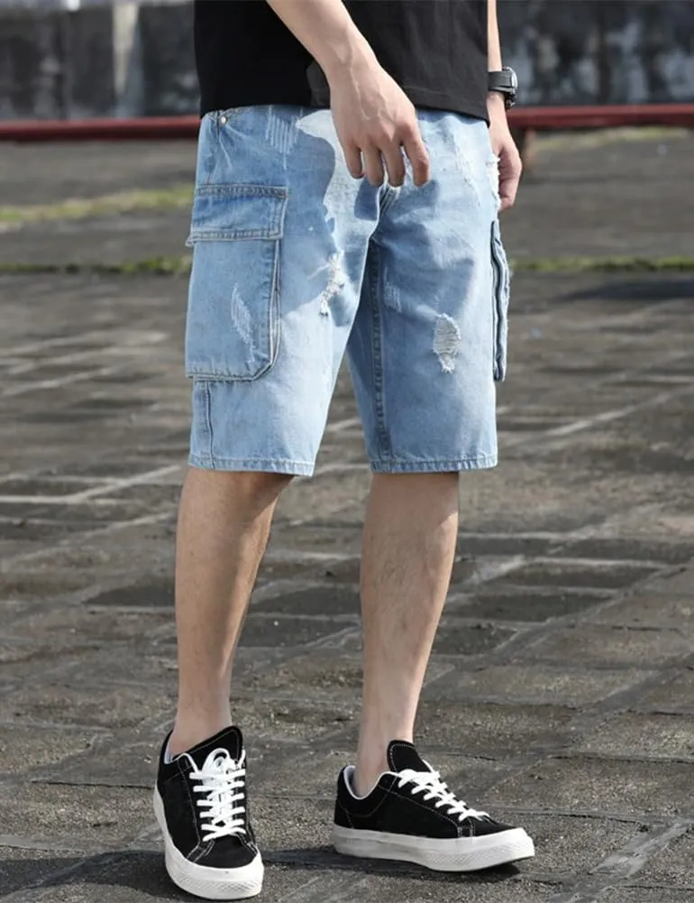 Kinghua Mens Jean Cargo Shorts Loose Fit Knee Length Denim Shorts