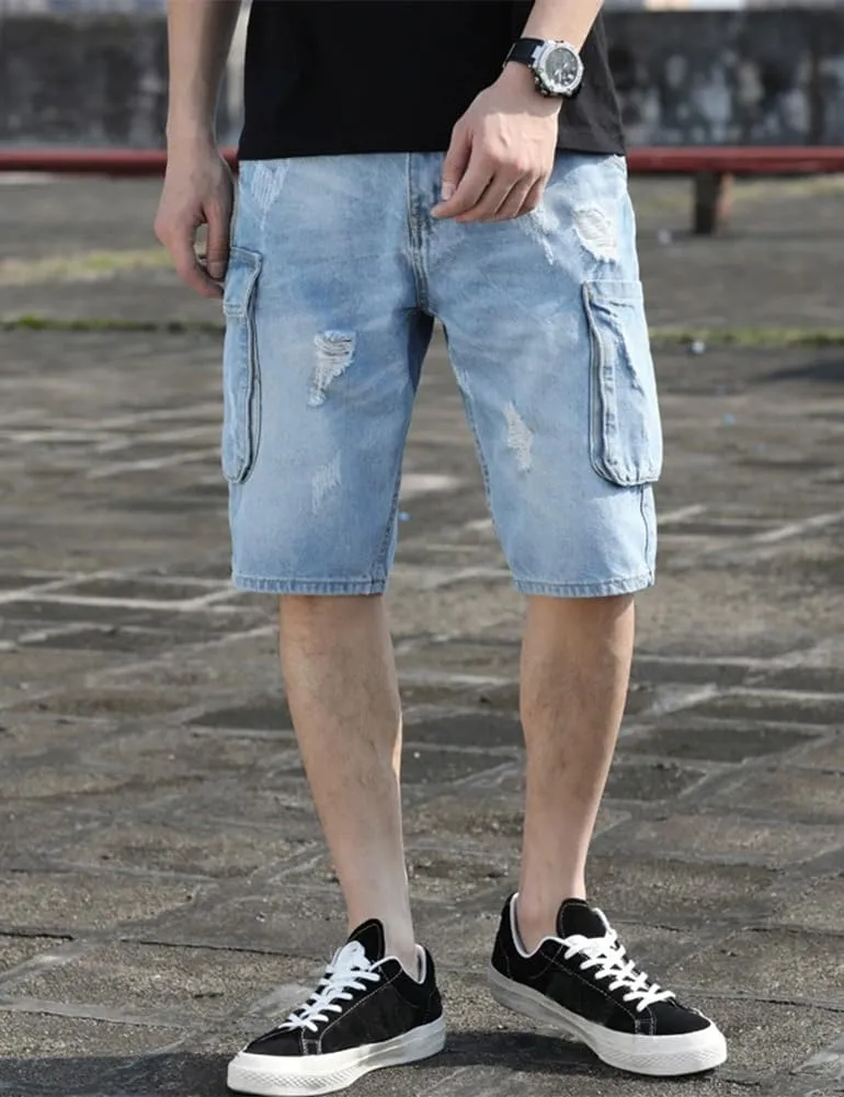 Kinghua Mens Jean Cargo Shorts Loose Fit Knee Length Denim Shorts