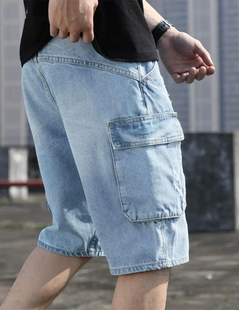 Kinghua Mens Jean Cargo Shorts Loose Fit Knee Length Denim Shorts