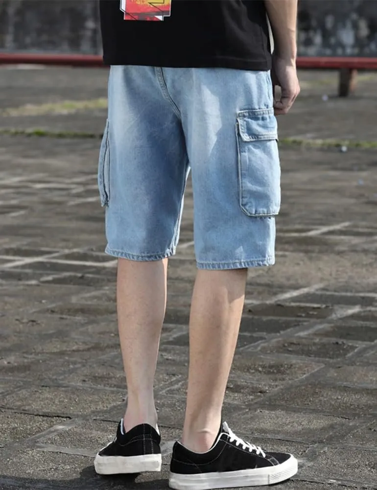 Kinghua Mens Jean Cargo Shorts Loose Fit Knee Length Denim Shorts