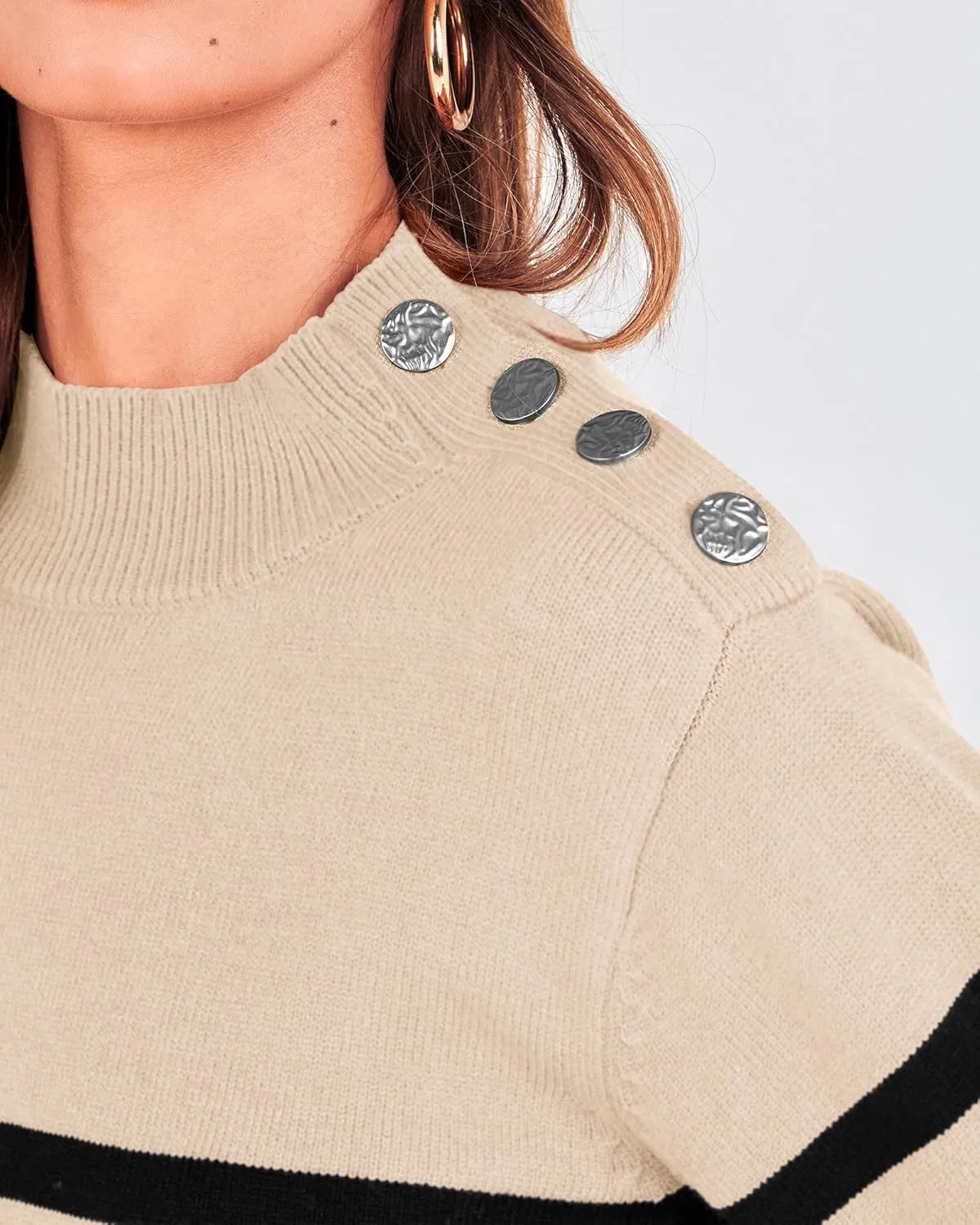 KIRUNDO Women's 2025 Fall Winter Long Sleeve Knit Sweater Turtleneck Striped Loose Pullover Tops Deco with Metal Buttons