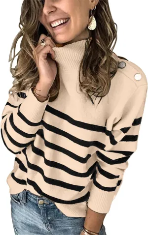 KIRUNDO Women's 2025 Fall Winter Long Sleeve Knit Sweater Turtleneck Striped Loose Pullover Tops Deco with Metal Buttons