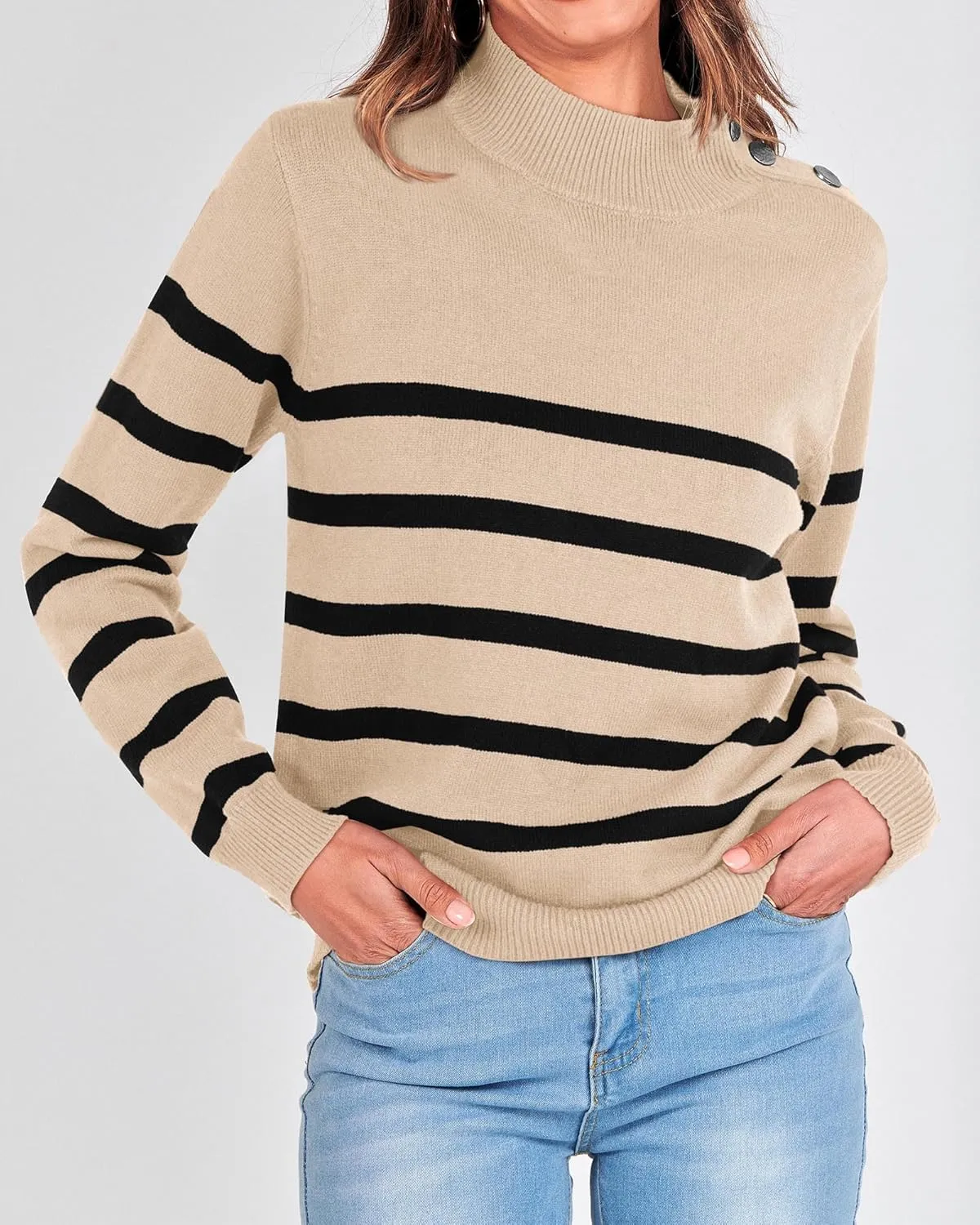 KIRUNDO Women's 2025 Fall Winter Long Sleeve Knit Sweater Turtleneck Striped Loose Pullover Tops Deco with Metal Buttons
