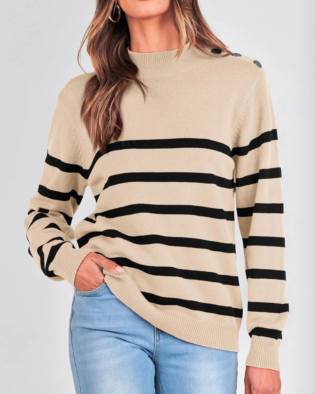 KIRUNDO Women's 2025 Fall Winter Long Sleeve Knit Sweater Turtleneck Striped Loose Pullover Tops Deco with Metal Buttons