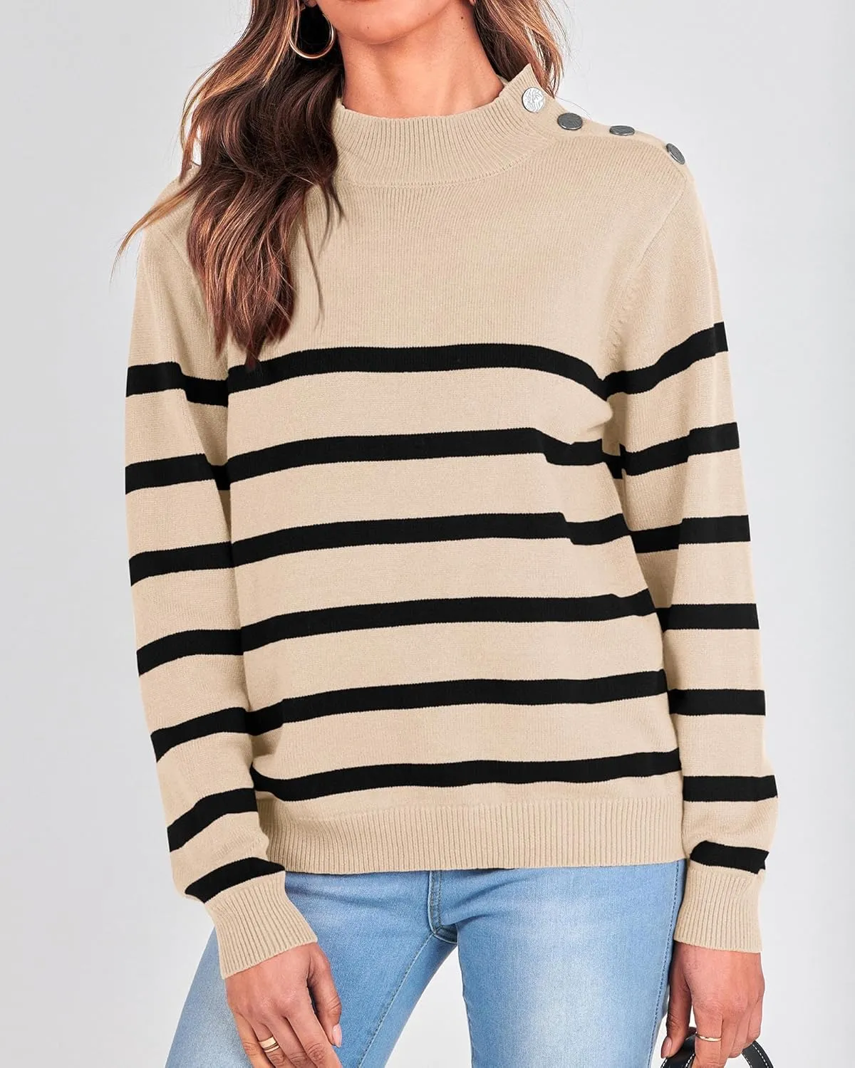 KIRUNDO Women's 2025 Fall Winter Long Sleeve Knit Sweater Turtleneck Striped Loose Pullover Tops Deco with Metal Buttons