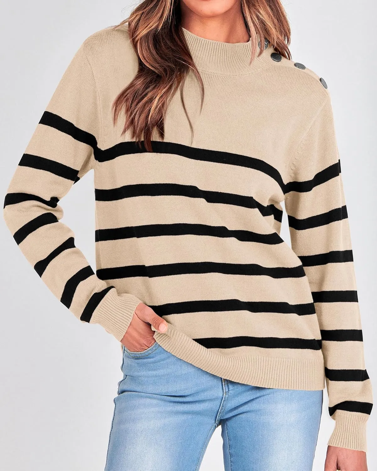 KIRUNDO Women's 2025 Fall Winter Long Sleeve Knit Sweater Turtleneck Striped Loose Pullover Tops Deco with Metal Buttons