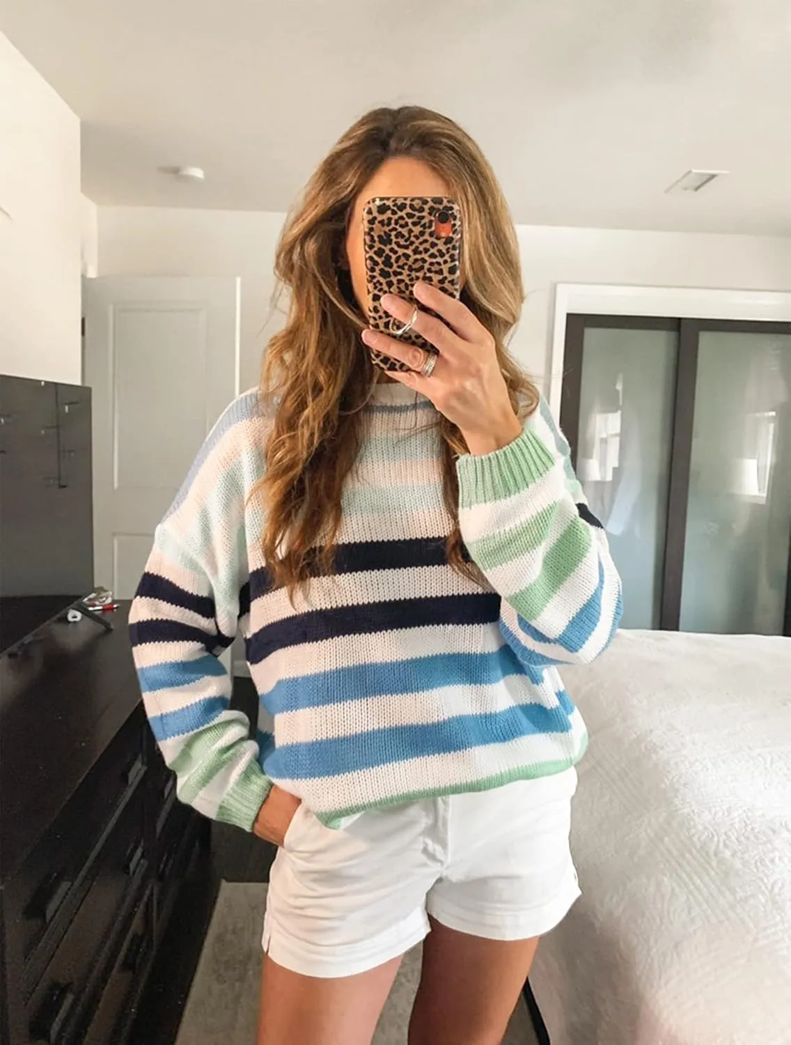 KIRUNDO Women's 2025 Fall Winter Striped Color Block Short Sweater Long Sleeve Crew Neck Casual Loose Knit Pullover Tops