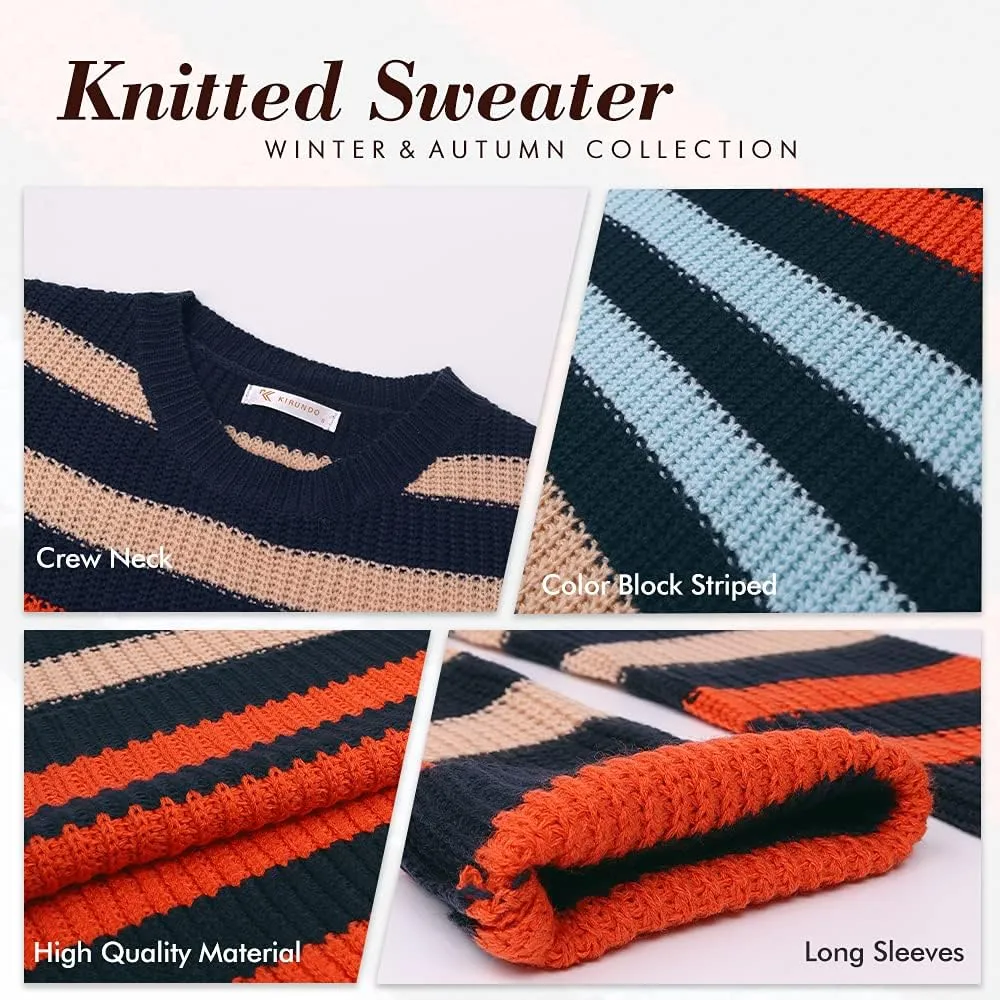 KIRUNDO Women's 2025 Fall Winter Striped Color Block Short Sweater Long Sleeve Crew Neck Casual Loose Knit Pullover Tops