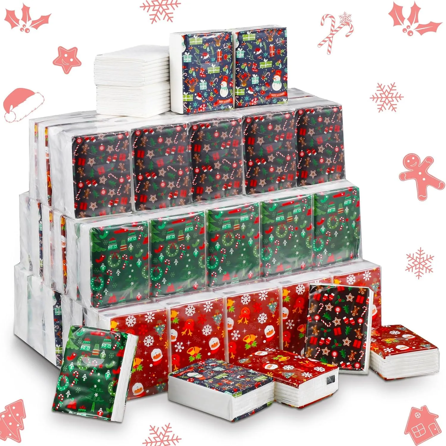 Kisston 120 Pack Christmas Pocket Tissues Bulk 3 Ply Individual Facial Tissues Travel Size Tissue Packs for Guests Christmas Holiday Stocking Stuffers Winter 840 Sheets(Snowman Gingerbread Series)