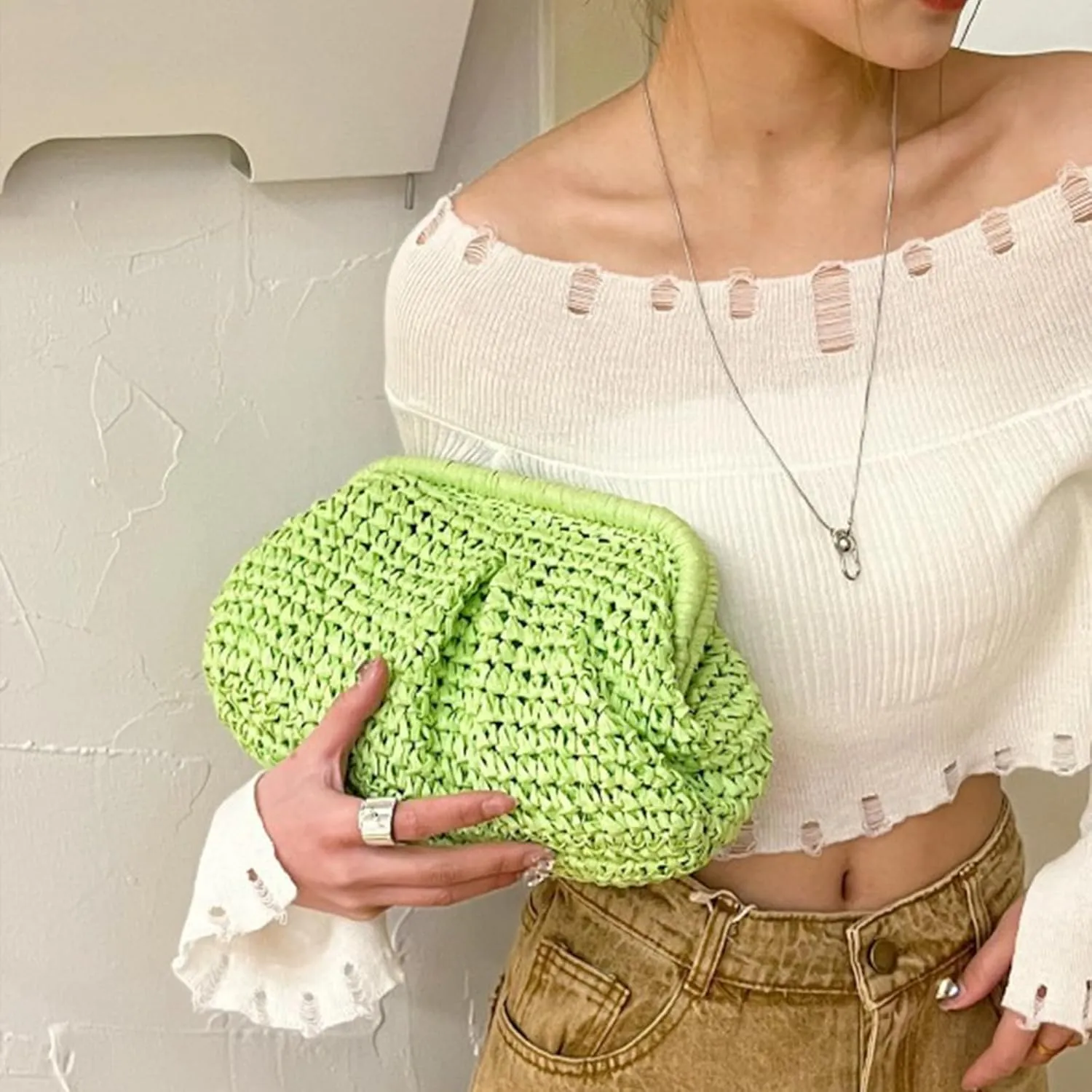 Kseymeir Straw Clutch Purse for Women, Summer Shoulder Crossbody Bag Cloud Pouch Beach Tote Handbag