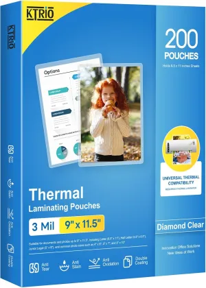 KTRIO Laminating Sheets, Hold 8.5 x 11 inches Sheets, 200 Pack, 3 Mil Clear Thermal Laminate Pouches for Laminator, 9 x 11.5 inch Lamination Paper for School, Home & Office