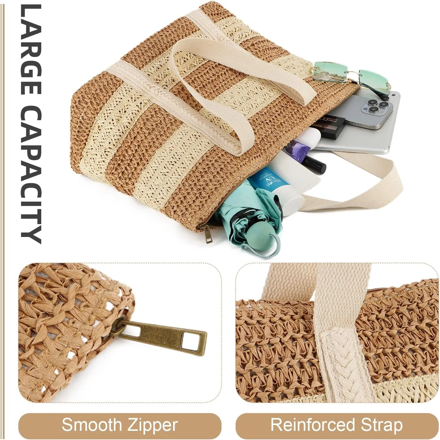 KUANG! Large Straw Beach Bag for women Stripes Woven Straw Tote Bag Summer Handbag Shoulder Bag