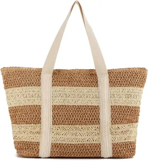 KUANG! Large Straw Beach Bag for women Stripes Woven Straw Tote Bag Summer Handbag Shoulder Bag