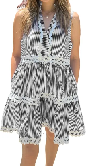 Kuraki Women's Cute Sleeveless Rickrack Tiered Striped Dress