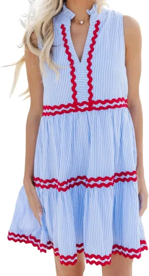 Kuraki Women's Cute Sleeveless Rickrack Tiered Striped Dress