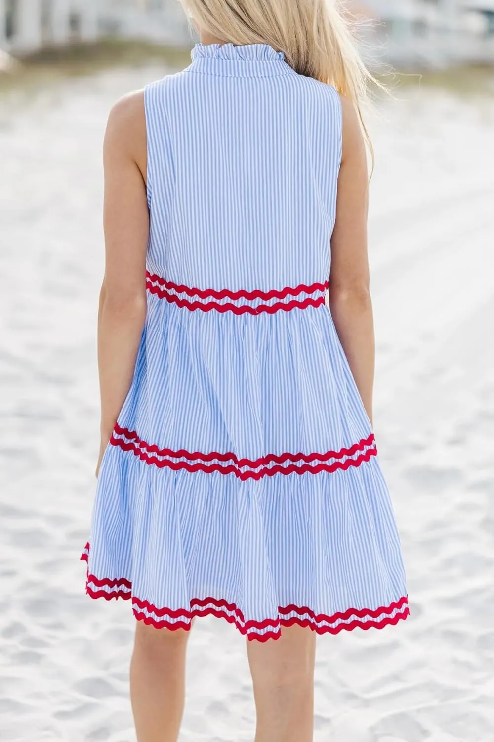 Kuraki Women's Cute Sleeveless Rickrack Tiered Striped Dress