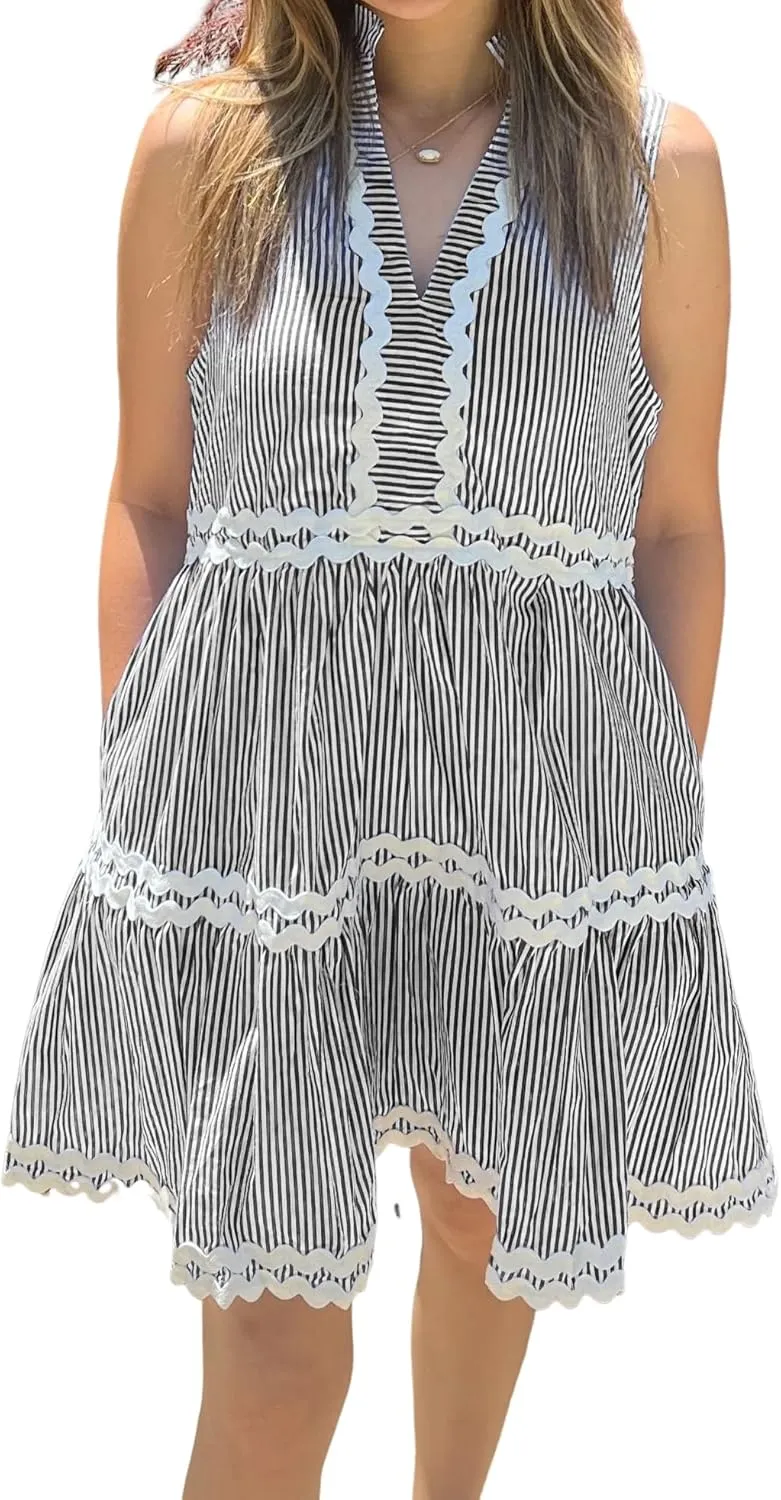 Kuraki Women's Cute Sleeveless Rickrack Tiered Striped Dress