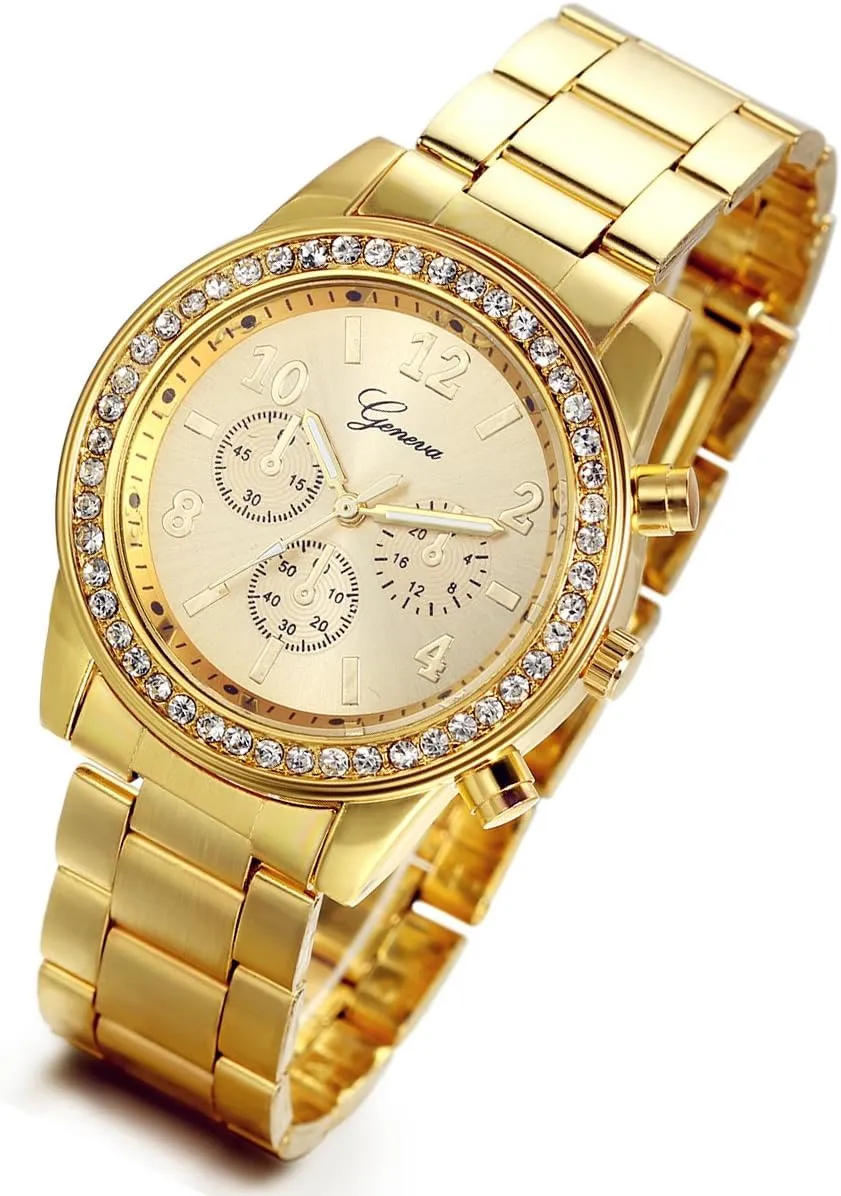 Lancardo Men's Gold Stainless Steel Quartz Rhinestone Wrist Watch Hip Hop Dressing Watch for Christmas