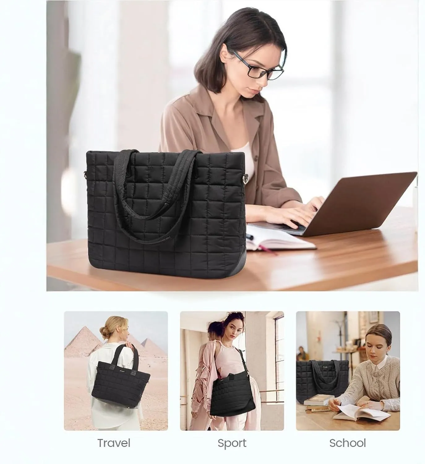Laptop Tote Bag for Women,Puffer Tote Bag fits 17.3 inch Computer Large Quilted Puffy Work Bag, Top Handle Handbag