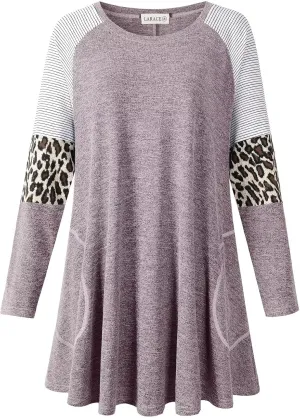 LARACE Swing Tunic Top for Women Plus Size Leopard Long Sleeve Shirt with Pocket