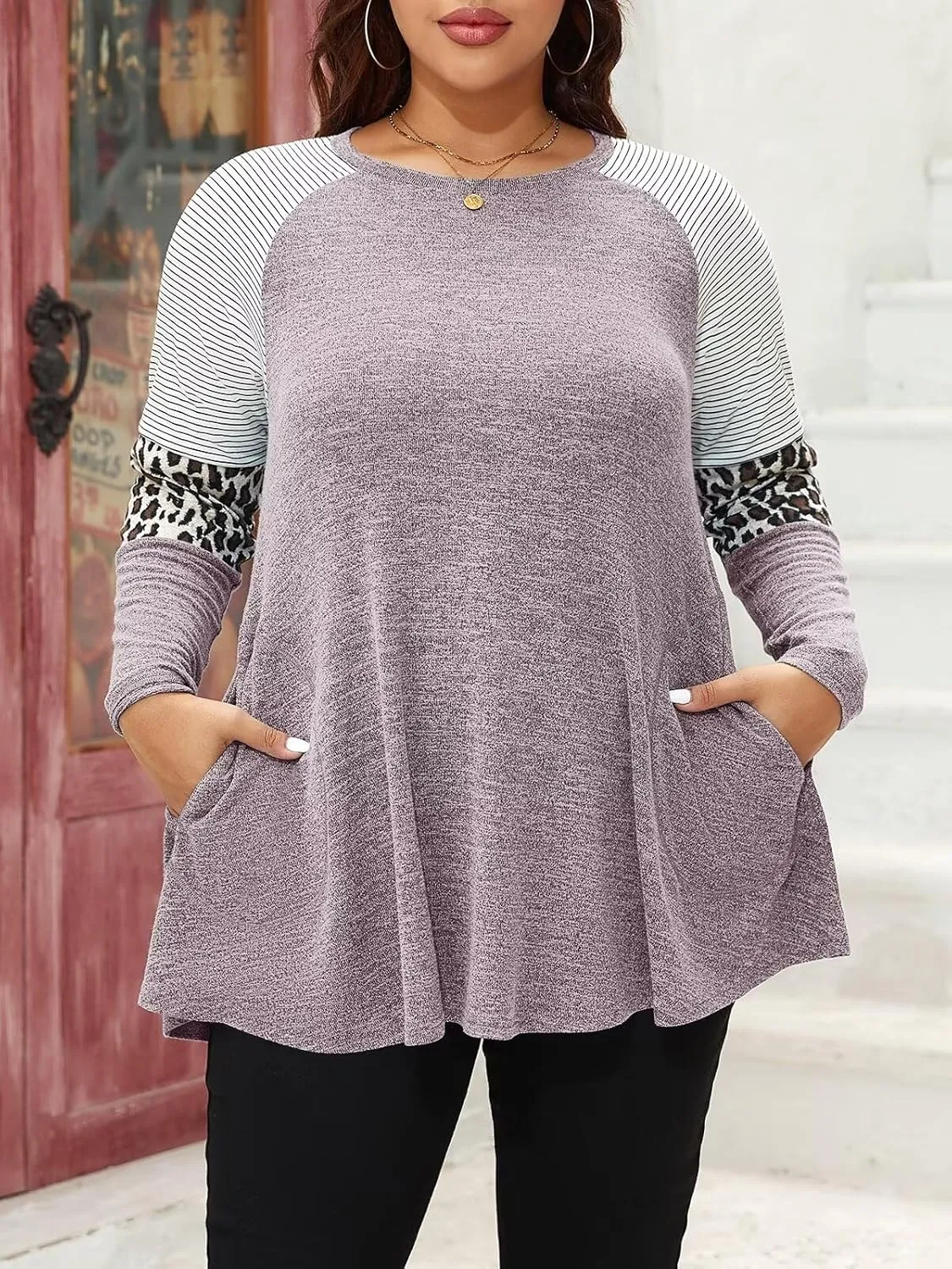 LARACE Swing Tunic Top for Women Plus Size Leopard Long Sleeve Shirt with Pocket