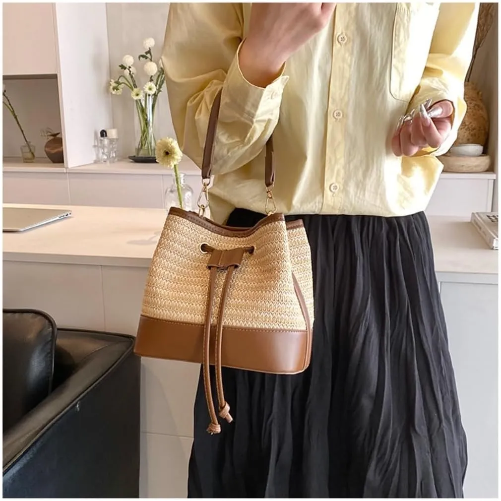 Large capacity Bag Casual Drawstring Straw Bucket Bag: Enjoy a Carefree Outing Ladies shoulder Bag