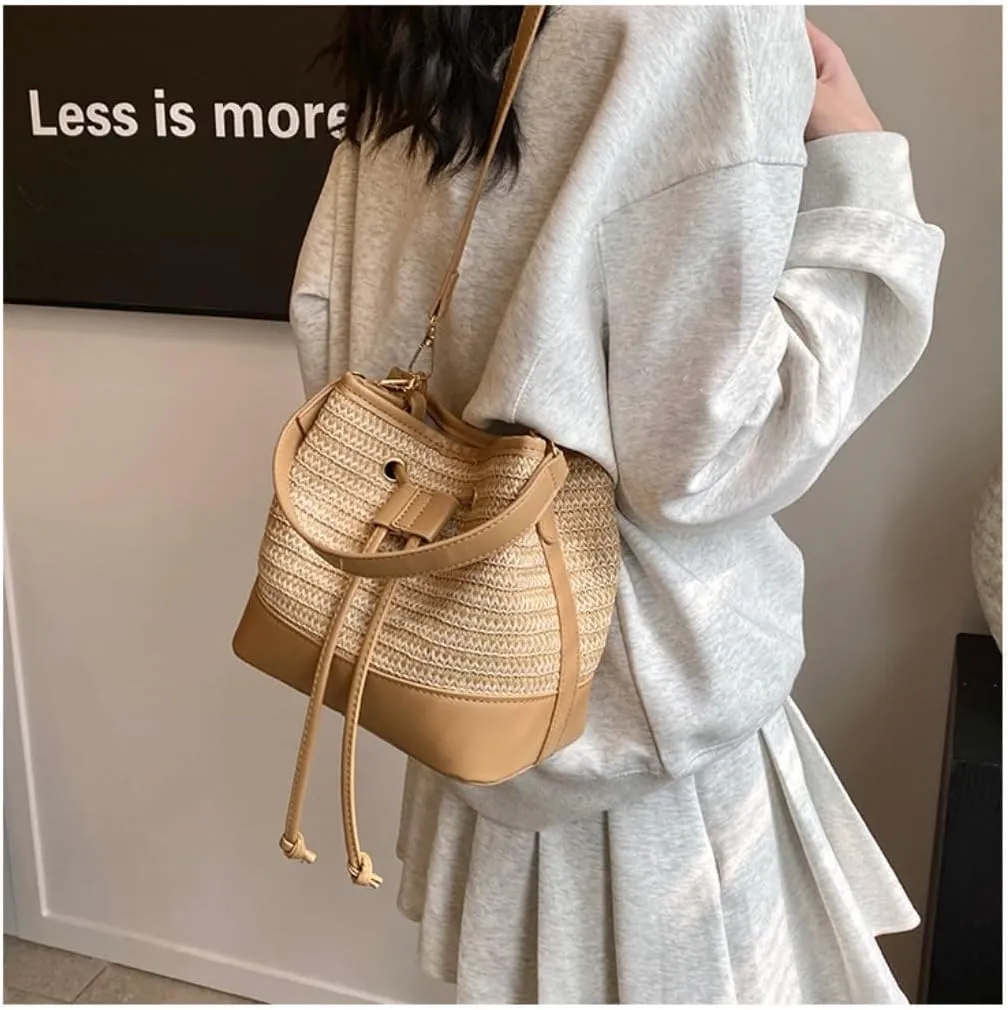 Large capacity Bag Casual Drawstring Straw Bucket Bag: Enjoy a Carefree Outing Ladies shoulder Bag