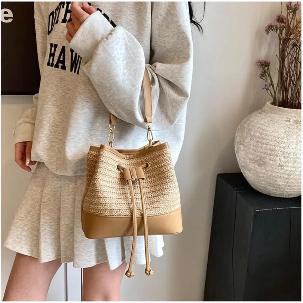 Large capacity Bag Casual Drawstring Straw Bucket Bag: Enjoy a Carefree Outing Ladies shoulder Bag