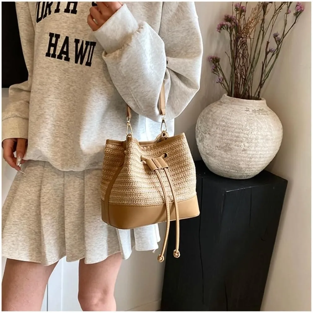 Large capacity Bag Casual Drawstring Straw Bucket Bag: Enjoy a Carefree Outing Ladies shoulder Bag
