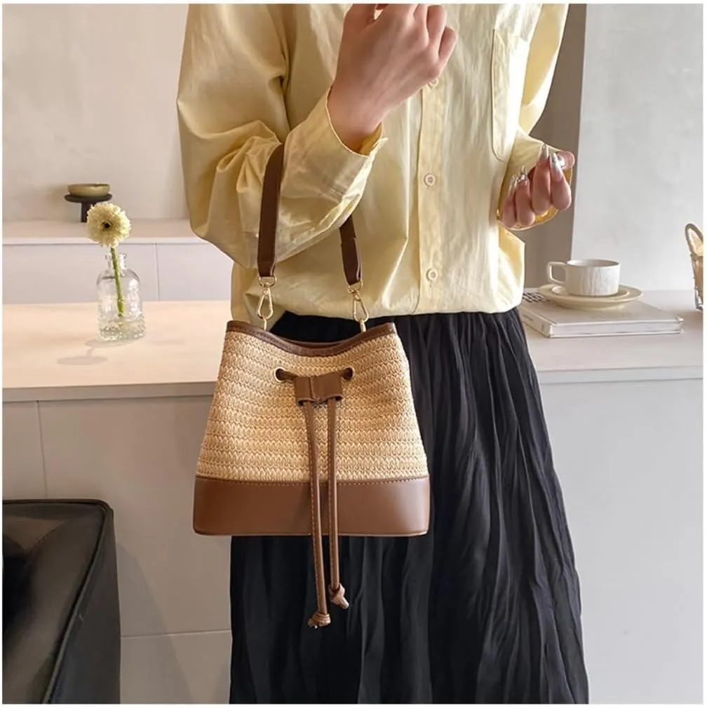 Large capacity Bag Casual Drawstring Straw Bucket Bag: Enjoy a Carefree Outing Ladies shoulder Bag