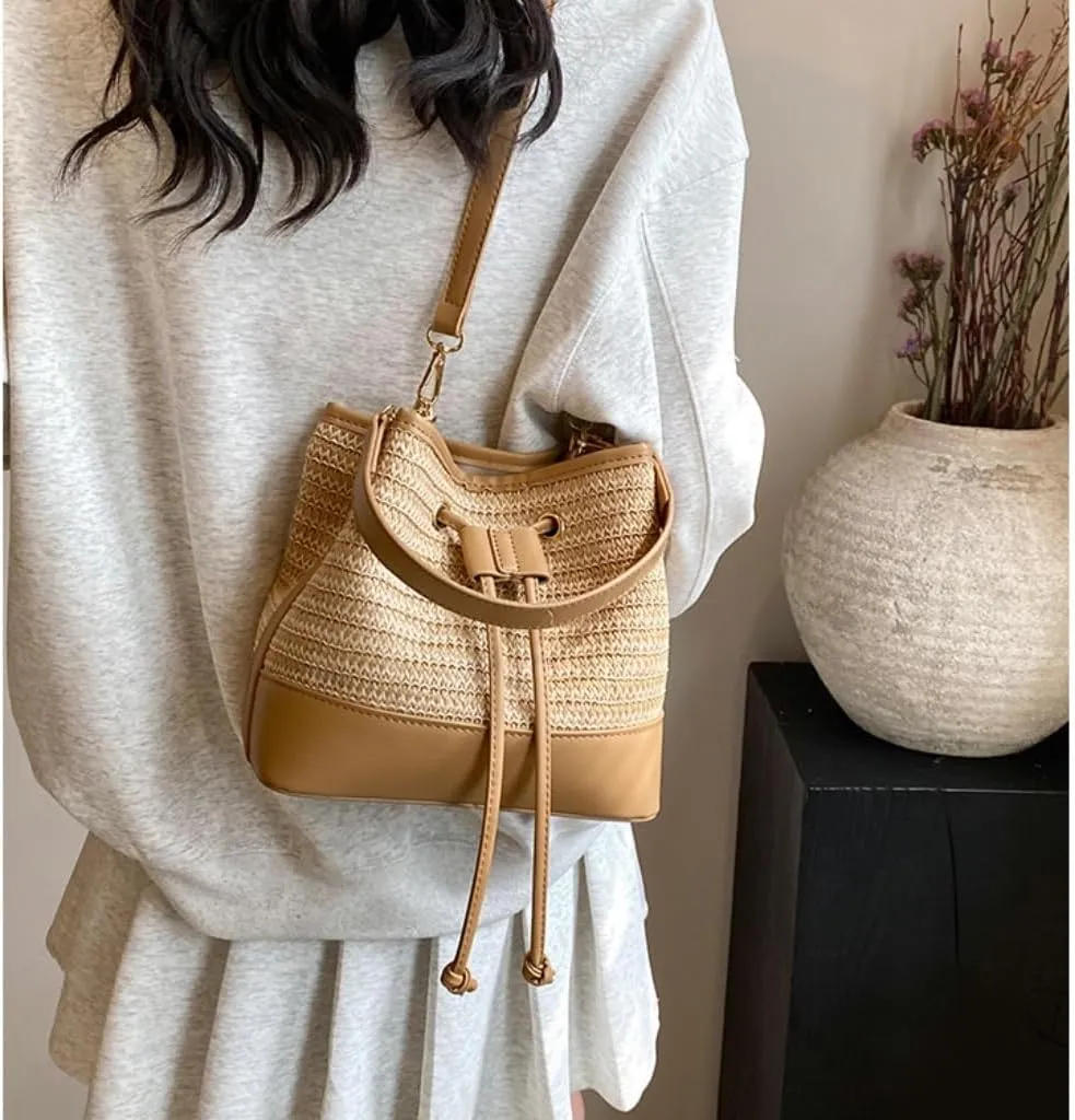 Large capacity Bag Casual Drawstring Straw Bucket Bag: Enjoy a Carefree Outing Ladies shoulder Bag