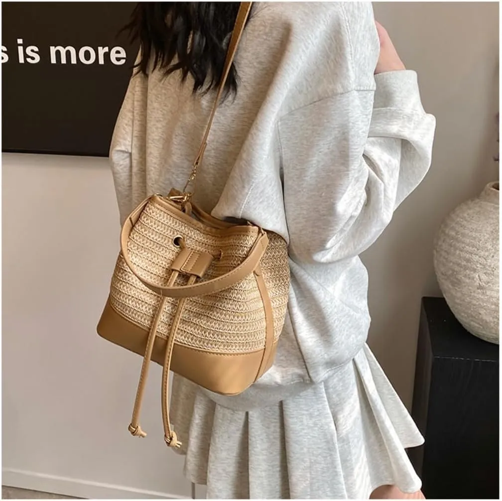 Large capacity Bag Casual Drawstring Straw Bucket Bag: Enjoy a Carefree Outing Ladies shoulder Bag