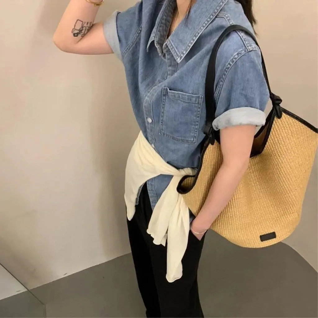 Large capacity Bag Niche Raffia Bucket Bag 2024 Summer Straw Beach Tote Bag Large Bag Holiday Beach Bag Ladies shoulder Bag(Large)