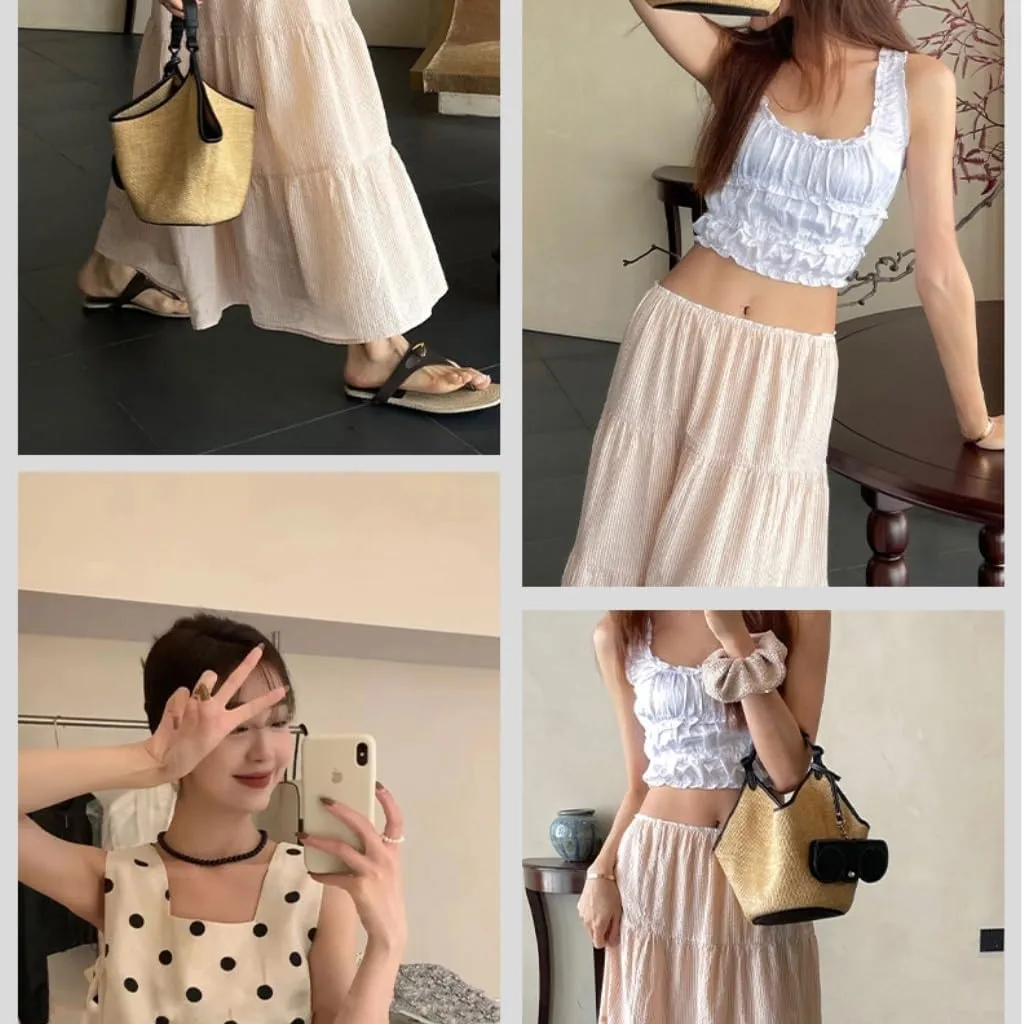 Large capacity Bag Niche Raffia Bucket Bag 2024 Summer Straw Beach Tote Bag Large Bag Holiday Beach Bag Ladies shoulder Bag(Large)