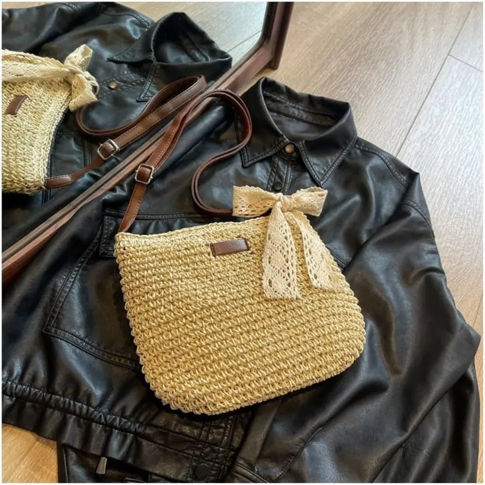 Large capacity Bag Sweet Bow - decorated Straw Handbag, Essential for Stylish Outings Ladies shoulder Bag