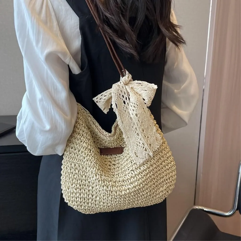 Large capacity Bag Sweet Bow - decorated Straw Handbag, Essential for Stylish Outings Ladies shoulder Bag