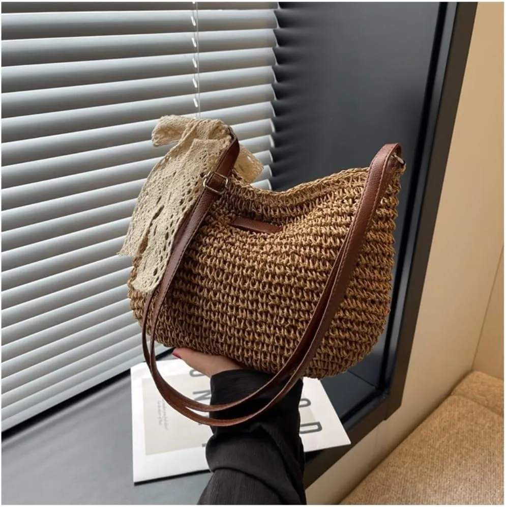 Large capacity Bag Sweet Bow - decorated Straw Handbag, Essential for Stylish Outings Ladies shoulder Bag
