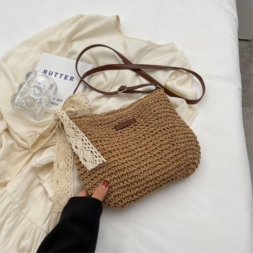Large capacity Bag Sweet Bow - decorated Straw Handbag, Essential for Stylish Outings Ladies shoulder Bag