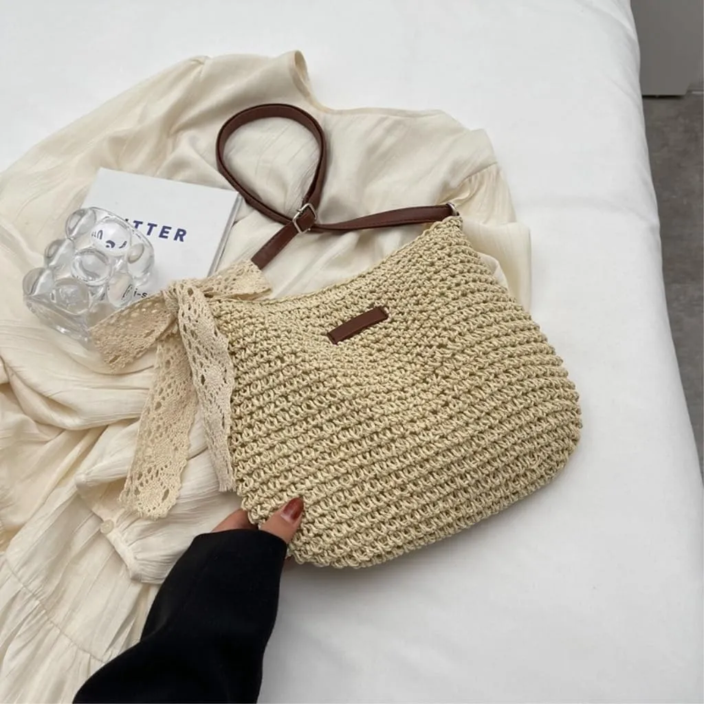 Large capacity Bag Sweet Bow - decorated Straw Handbag, Essential for Stylish Outings Ladies shoulder Bag