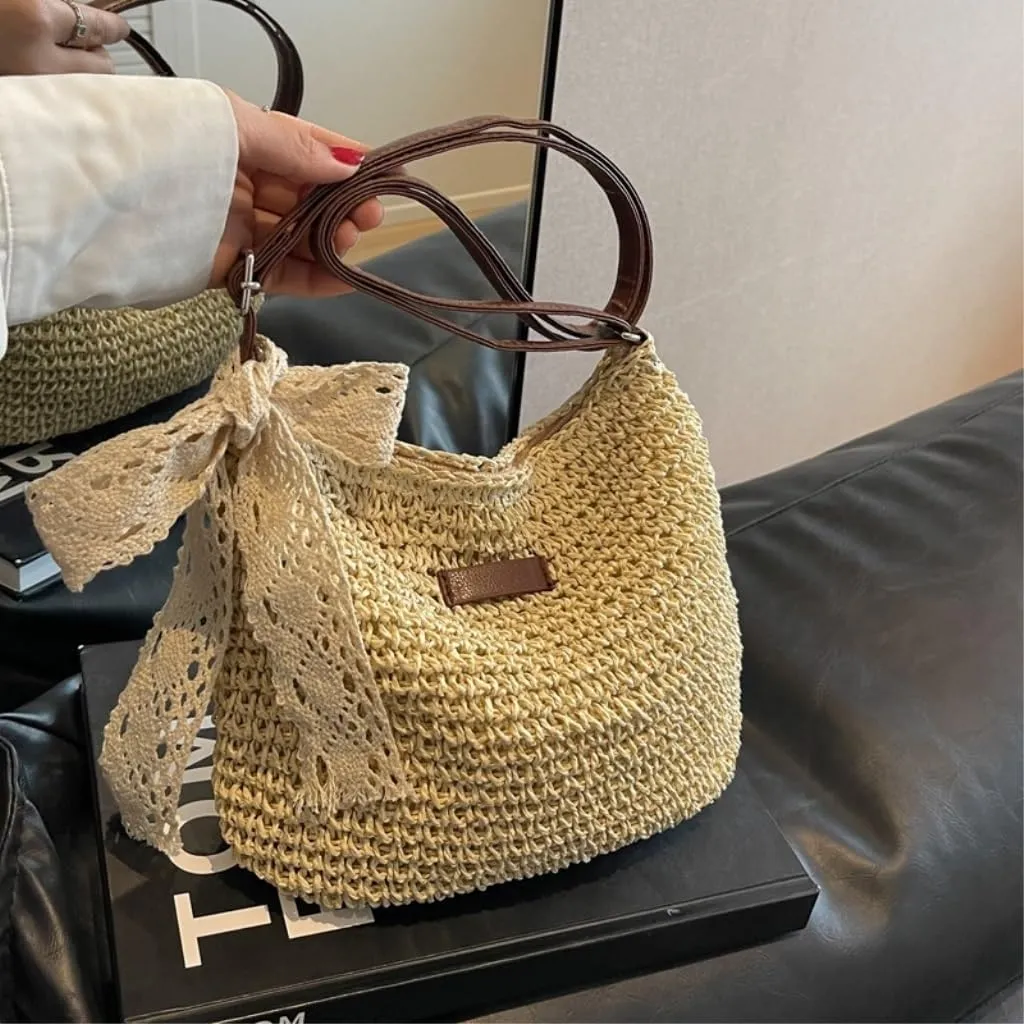 Large capacity Bag Sweet Bow - decorated Straw Handbag, Essential for Stylish Outings Ladies shoulder Bag