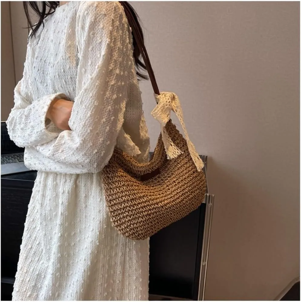 Large capacity Bag Sweet Bow - decorated Straw Handbag, Essential for Stylish Outings Ladies shoulder Bag