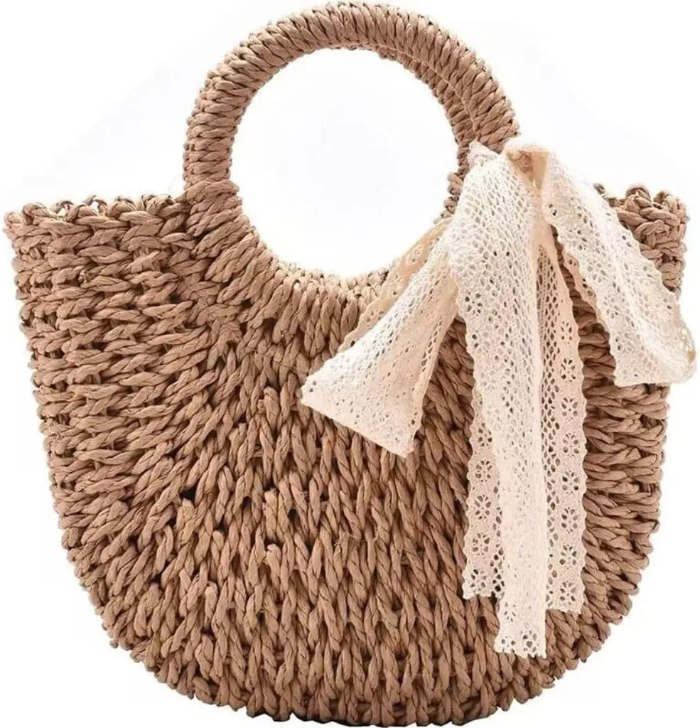 Large capacity Bag Sweet Straw Handbag with Bow and Wooden Ring: Encounter Romantic Moments Ladies shoulder Bag