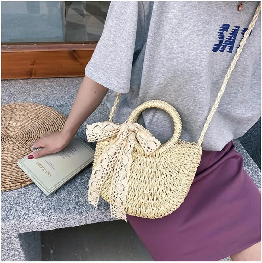 Large capacity Bag Sweet Straw Handbag with Bow and Wooden Ring: Encounter Romantic Moments Ladies shoulder Bag