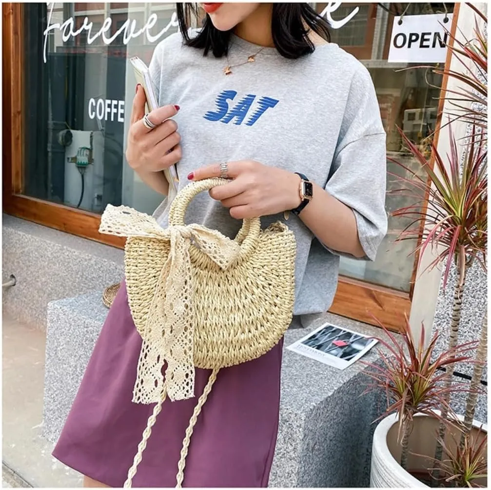 Large capacity Bag Sweet Straw Handbag with Bow and Wooden Ring: Encounter Romantic Moments Ladies shoulder Bag