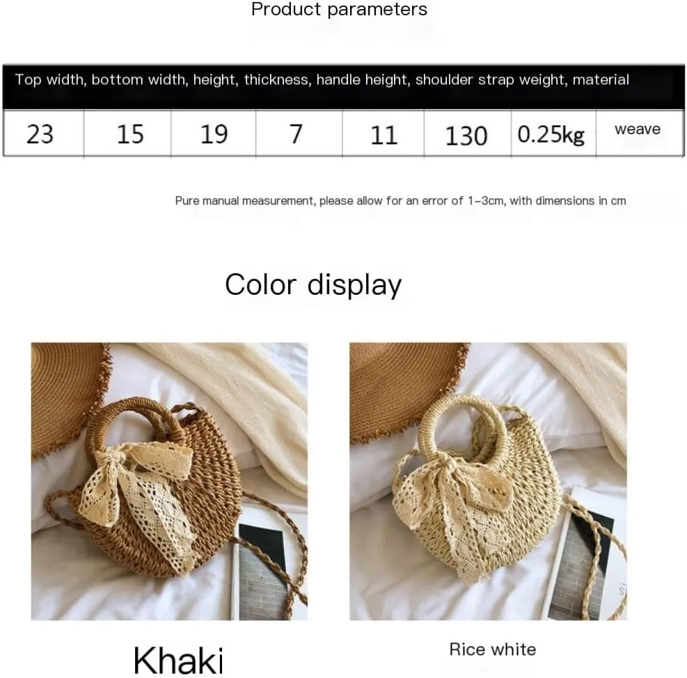 Large capacity Bag Sweet Straw Handbag with Bow and Wooden Ring: Encounter Romantic Moments Ladies shoulder Bag