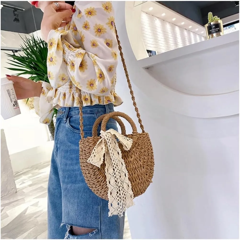 Large capacity Bag Sweet Straw Handbag with Bow and Wooden Ring: Encounter Romantic Moments Ladies shoulder Bag